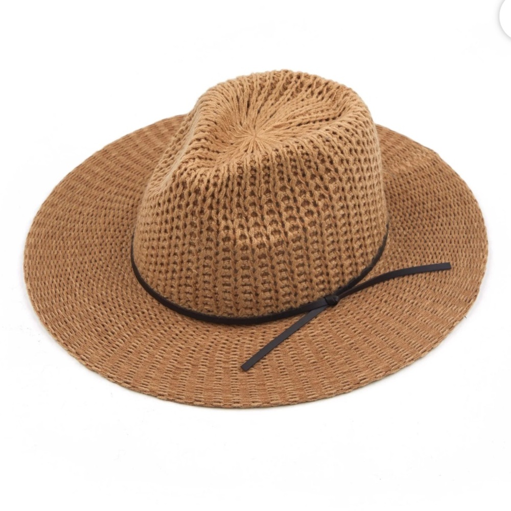 C.C Fedora Knitted Hat - Natural Beige with Dark leather Band. Adjustable